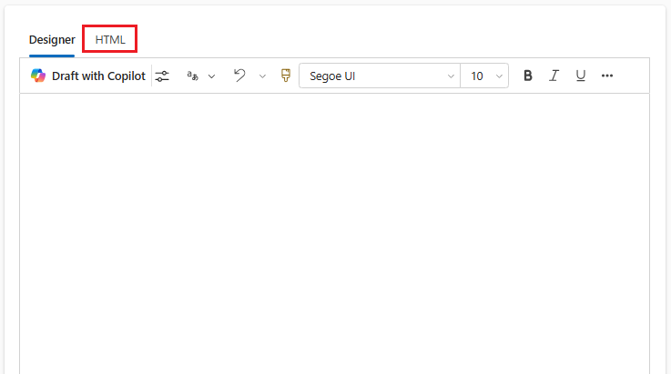 Captura de ecrã do editor de texto formatado, com o controlo do separador HTML realçado.