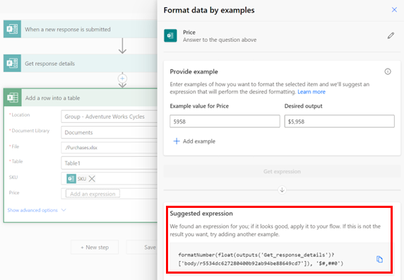 Captura de ecrã de como formatar um número numa moeda ao fornecer um exemplo. O Power Automate sugere a expressão para conseguir esta transformação.