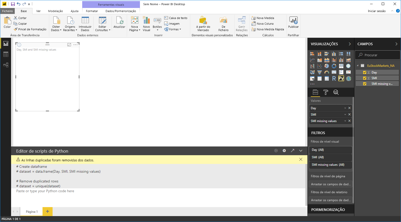 Screenshot of the Visualizations pane, showing a blank Python visual with script codes in the script editor.
