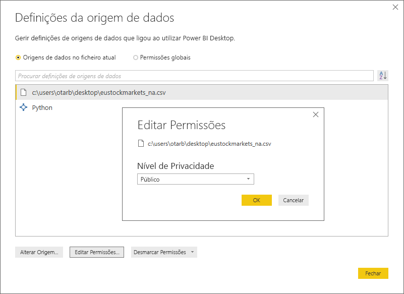 Captura de ecrã do diálogo de definições da fonte de dados, mostrando que o Nível de Privacidade está definido para Público.