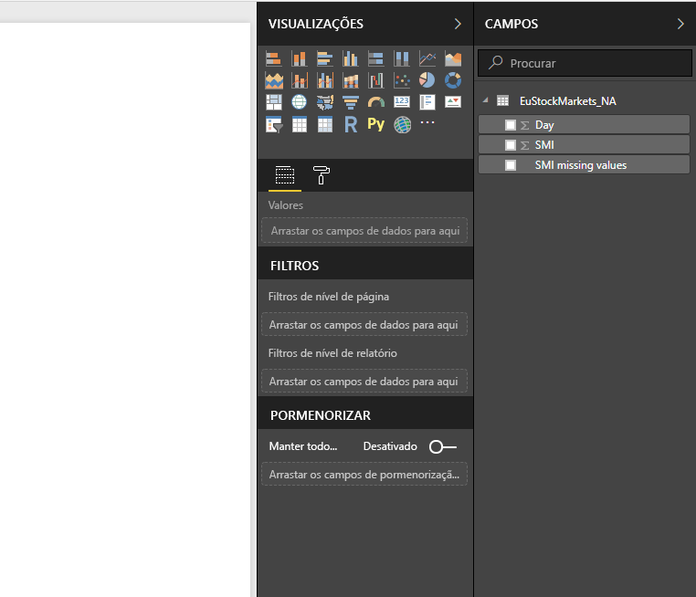 Captura de ecrã do painel de Campos, mostrando os dados carregados.