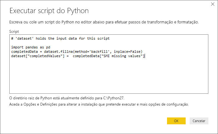 Captura de ecrã do diálogo Executar Script Python, mostrando o código do script.