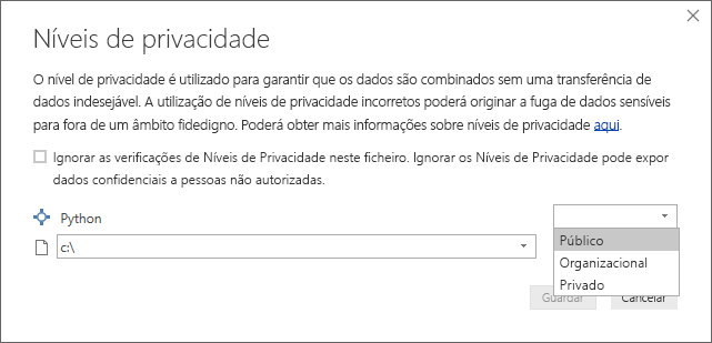 Captura de ecrã do diálogo de níveis de privacidade, mostrando que o Público está definido.