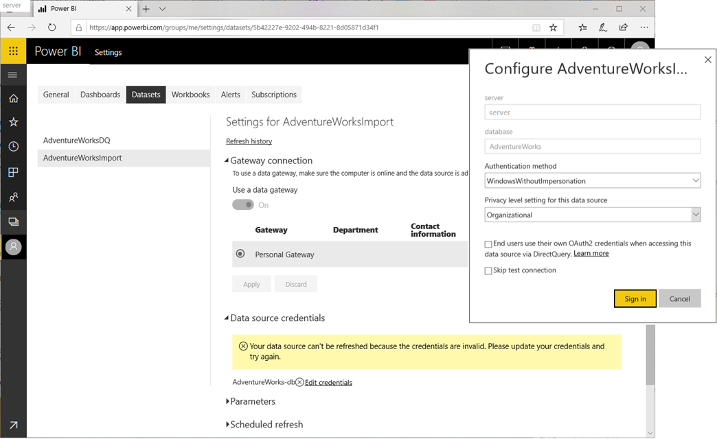Configurar as credenciais da fonte de dados para o gateway