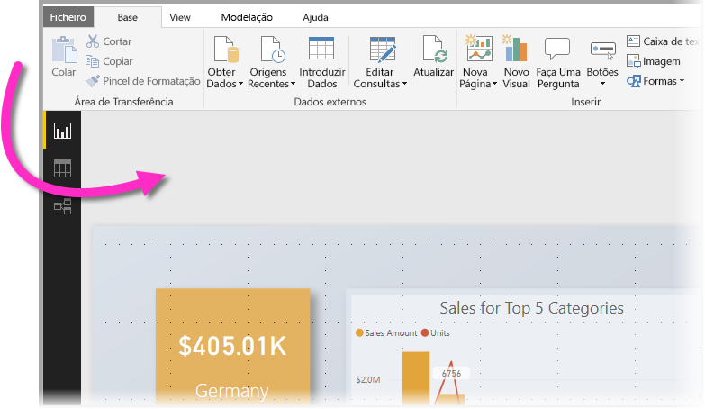 Captura de ecrã do Power BI Desktop, a destacar a área do papel de parede.