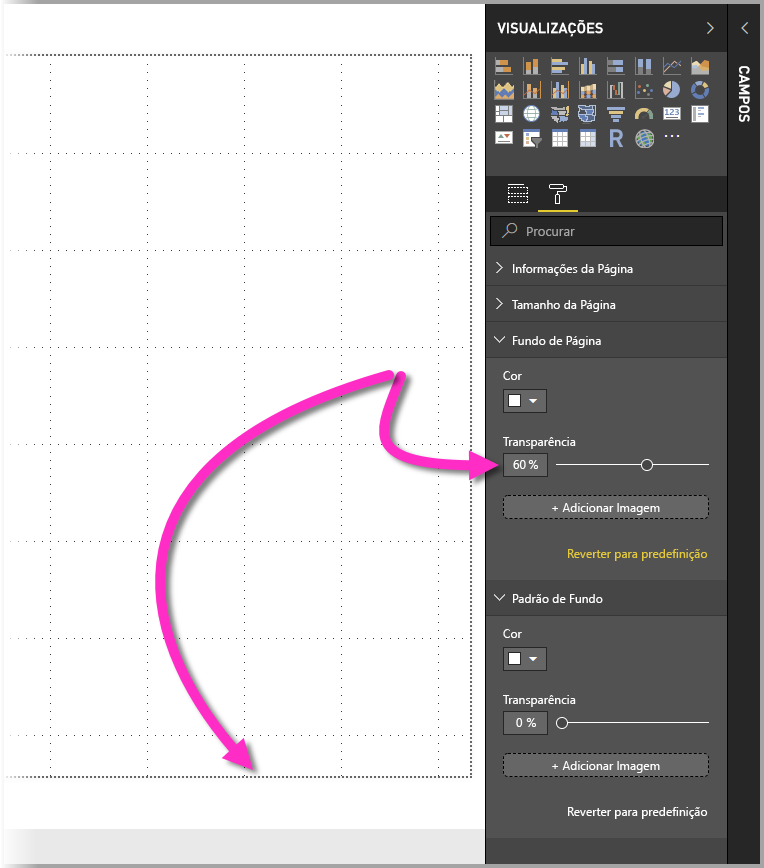 Captura de ecrã do painel de Visualizações, a destacar as definições do fundo do Canvas para uma borda pontilhada com transparência superior a 50%.