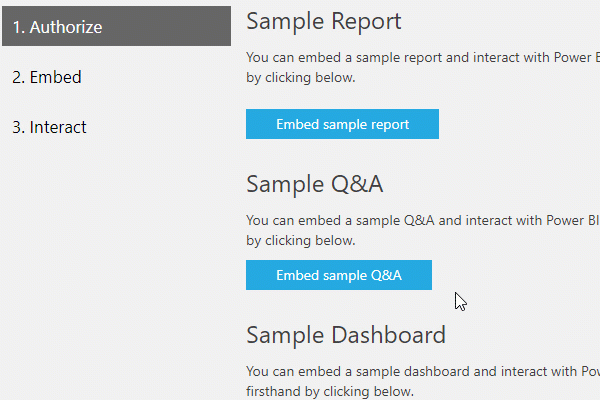 GIF animado da visualização do Power BI Embedded, que mostra como incorporar um exemplo de pergunta Q&A.