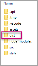 Captura de ecrã do Explorador do Windows, que mostra a hierarquia de pastas do projeto visual Power BI. A pasta do dist está destacada.