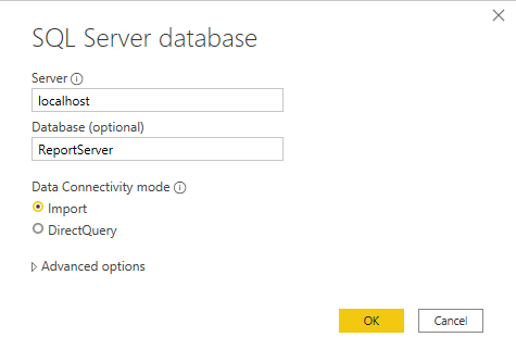 Captura de ecrã a mostrar a Ligação à base de dados SQL Server.