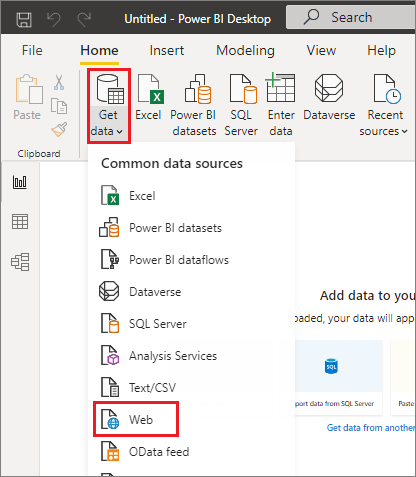 Captura de ecrã do Power BI Desktop, destacando a seleção Web no menu suspenso Obter Dados.