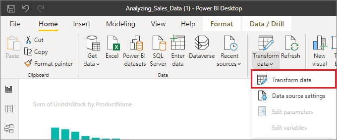 Captura de ecrã do Power BI Desktop, destacando a seleção Transformar dados.