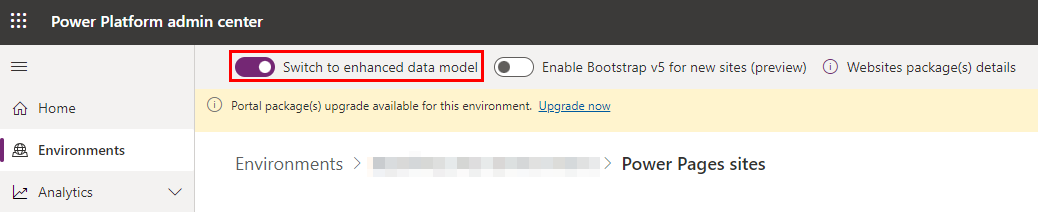 Uma captura de ecrã do centro de administração do Power Platform com o seletor Mudar para o modelo de dados avançado realçado.