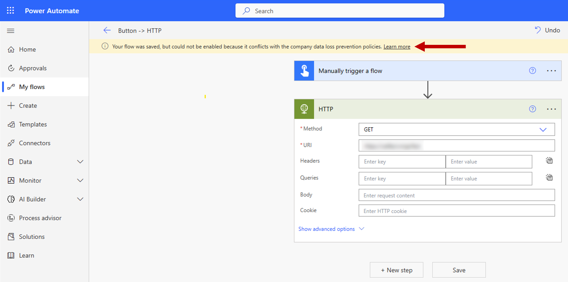 Erro de política de dados devido a regras de filtragem de pontos finais.