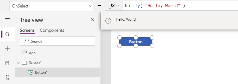 No ambiente de criação, mostrando Button.OnSelect chamando Notify e exibindo a mensagem Hello, World resultante como uma mensagem de banner azul para o usuário.