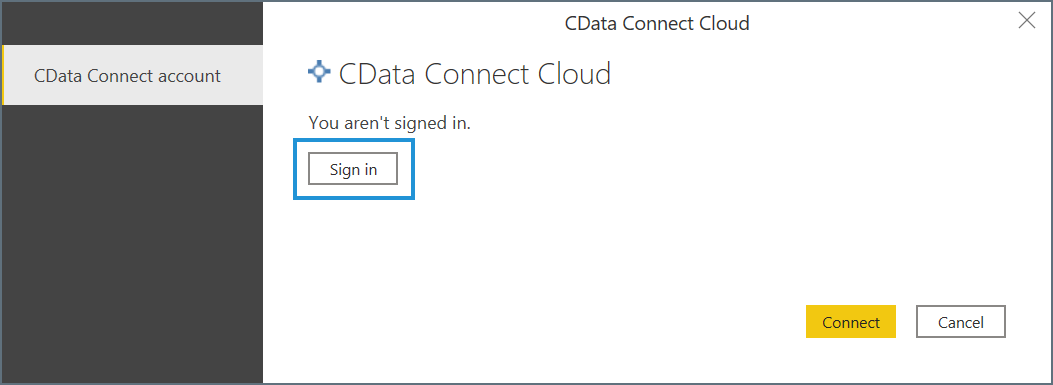 Captura de ecrã da caixa de diálogo de autenticação onde inicia sessão na sua conta CData Connect.