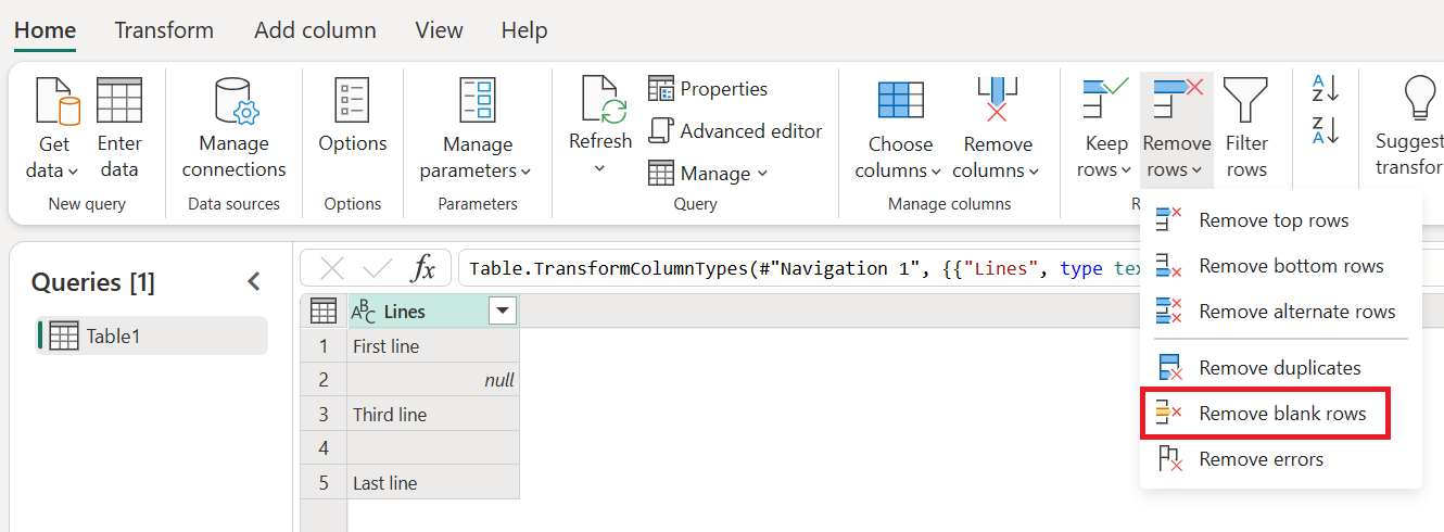 Captura de ecrã do menu Remover linhas no separador Casa, com ênfase em Remover linhas em branco.