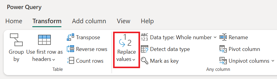 Captura de ecrã dos valores Substituir no separador Transformar.