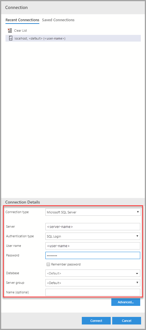Captura de tela mostrando a tela da Nova Conexão.