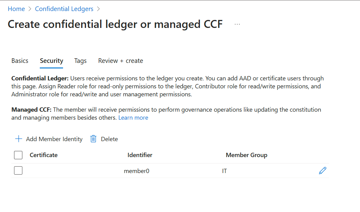Uma captura de tela da guia Segurança de recursos do CCF gerenciado.
