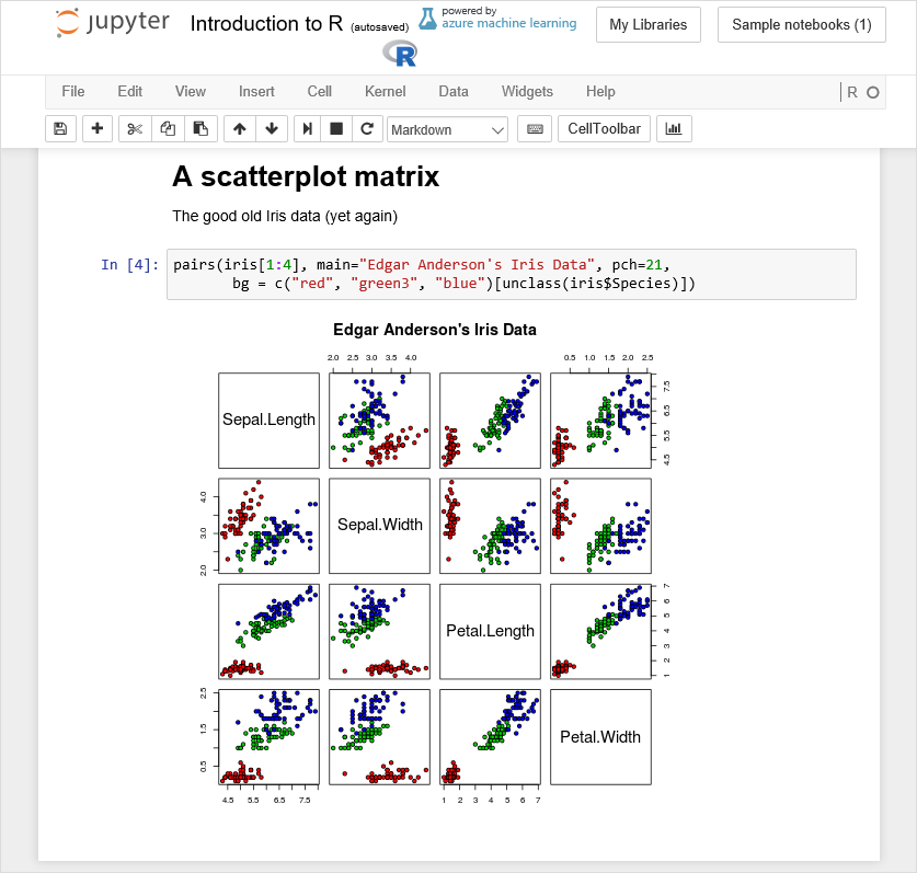 Screenshots of Azure Notebooks with the Introduction to R sample