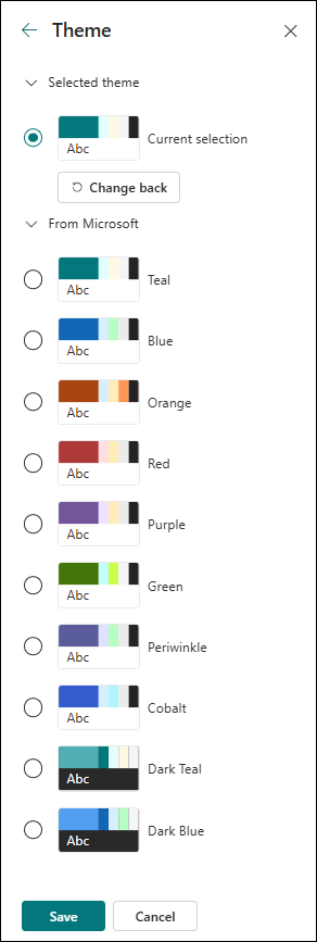 Imagem mostrando a lista de temas padrão e escuros (invertidos)
