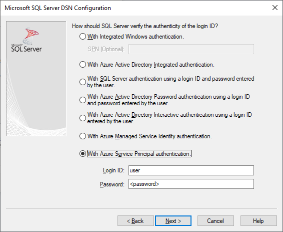 O ecrã de criação e edição de uma DSN com autenticação de entidade de serviço do Microsoft Entra selecionada.