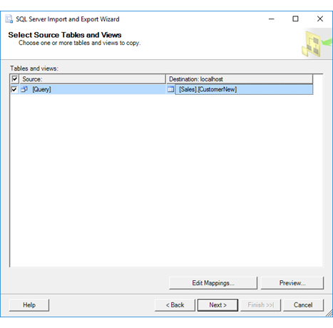 Captura de ecrã a mostrar a página de Selecionar tabelas do Assistente de Importação e Exportação caso tenha fornecido uma consulta.