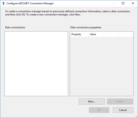 Captura de tela da caixa de diálogo Configurar ADO.NET Gerenciador de Conexões. Os controles estão disponíveis para instalar e configurar gerenciadores de conexões.