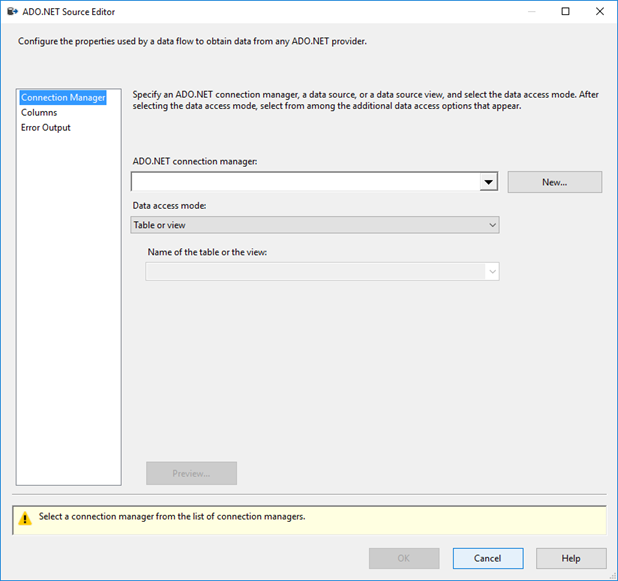 Captura de tela do Editor de código-fonte ADO.NET. A guia Gerenciador de conexões está visível e os controles estão disponíveis para configurar as propriedades de fluxo de dados.