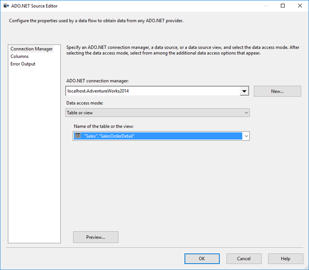 Captura de tela do Editor de código-fonte ADO.NET. No Nome da tabela ou na lista de exibição, a tabela Sales.SalesOrderDetail está selecionada.