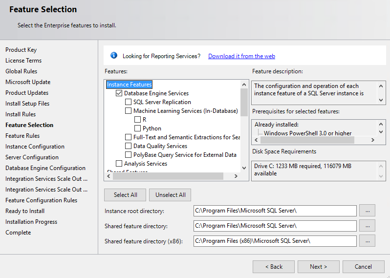 Seleção de Funcionalidades na primeira metade da lista