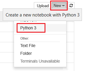 Captura de ecrã de um caderno Jupyter com a seleção New Python 3.