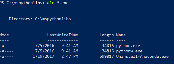 Captura de ecrã de um terminal PowerShell mostrando a lista de executáveis em Python resultantes da execução do diretor *.exe.