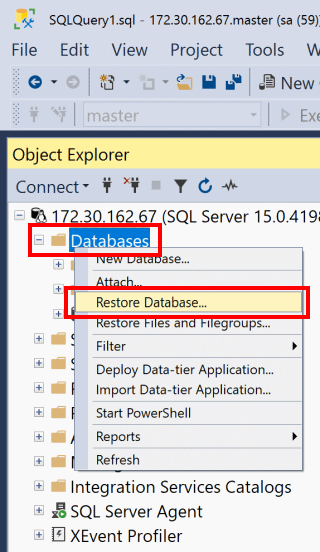 Captura de tela que mostra as opções do menu SSMS para restaurar um banco de dados.