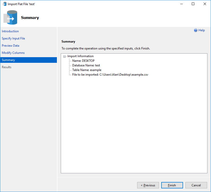 Captura de tela do menu Resumo do Assistente para Importação de Arquivo Simples.