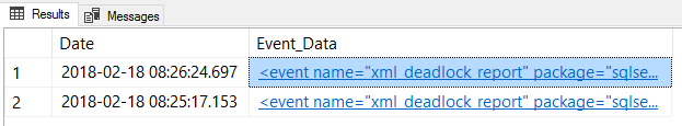 Captura de ecrã do SSMS do resultado da consulta XEvent system_health.