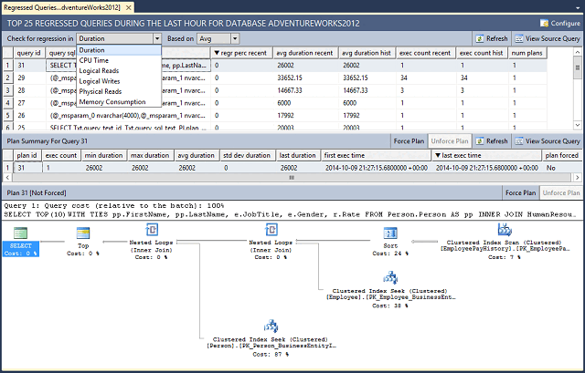 Captura de tela do relatório Consultas Regressadas do SQL Server no Pesquisador de Objetos do SSMS.