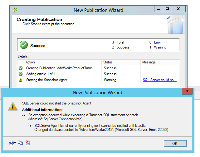 Aviso de que o Snapshot Agent falhou em iniciar