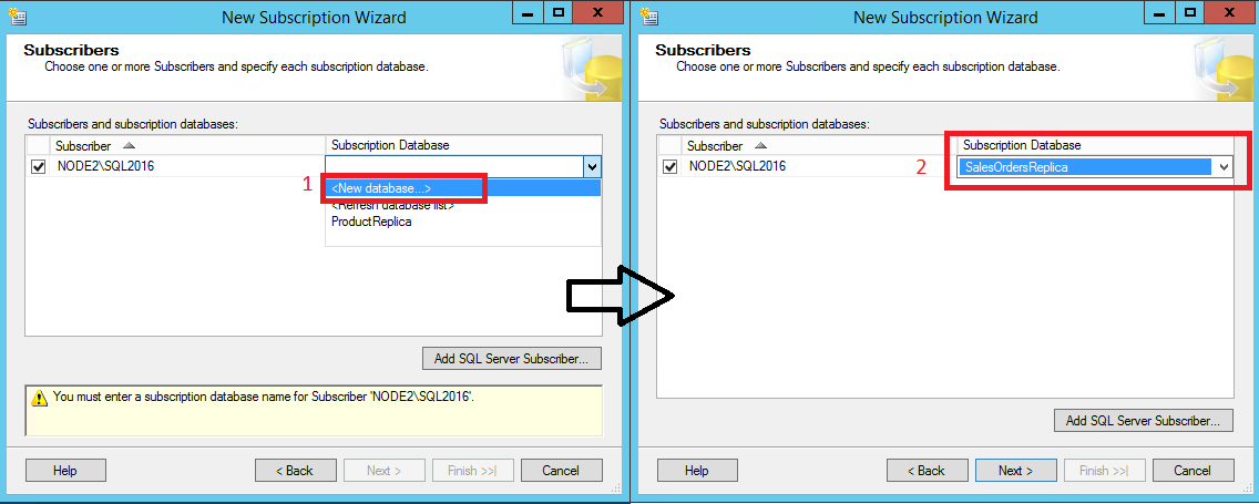 Seleções para adicionar uma base de dados ao assinante
