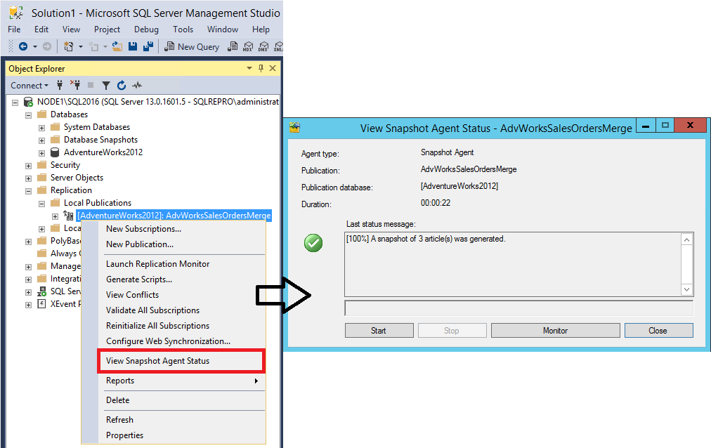 Seleções para visualizar o estado do Snapshot Agent