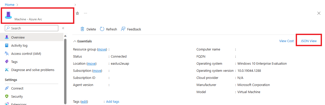 Captura de tela do recurso de servidor Azure Arc no portal.