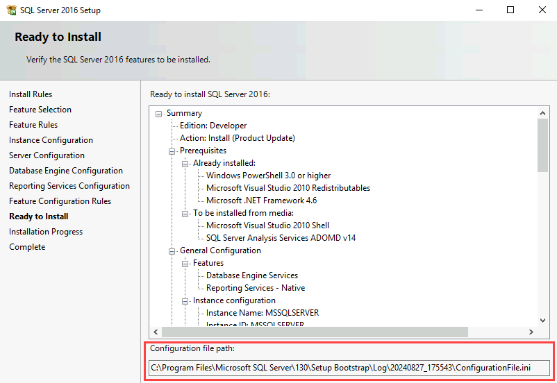 Captura de ecrã da página Pronto para Instalar. Em Caminho do ficheiro de configuração, um caminho para um ficheiro de configuração é destacado.