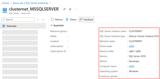 Captura de tela do portal do Azure para instância de cluster de failover habilitada pelo Azure Arc.