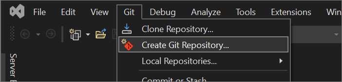 Captura de tela da opção Criar repositório Git no menu Git no Visual Studio.