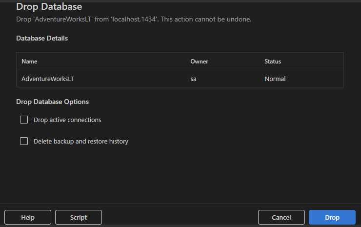 Captura de ecrã do diálogo 'Drop Database' mostrando os detalhes da base de dados e opções de eliminação.