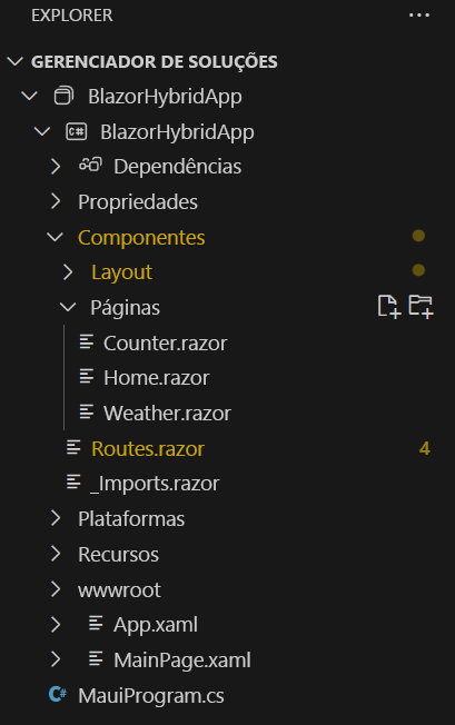 Captura de tela do Visual Studio Code Solution Explorer com uma lista dos arquivos em um projeto .NET MAUI Blazor padrão.