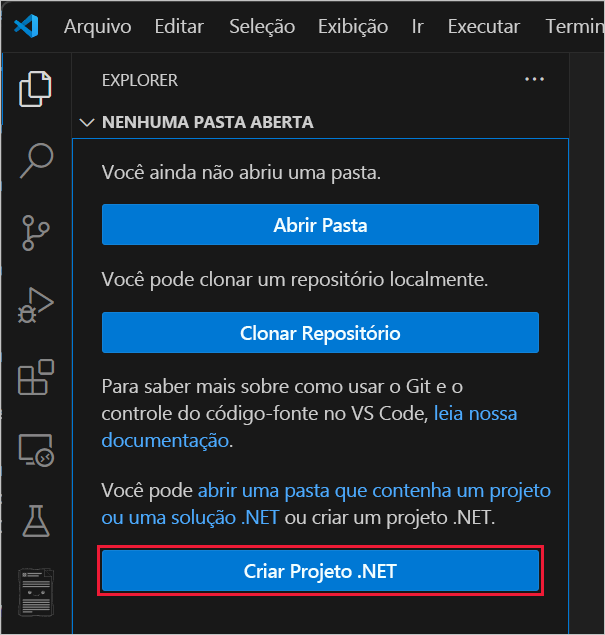Captura de tela mostrando a seleção Criar projeto .NET.