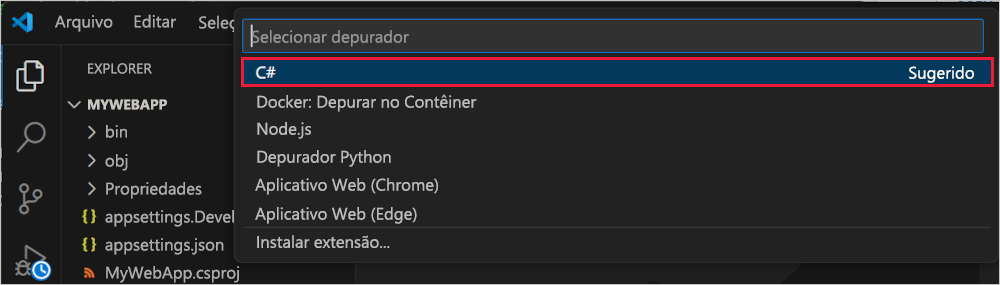 Captura de ecrã da escolha Selecionar depurador na Paleta de comandos.