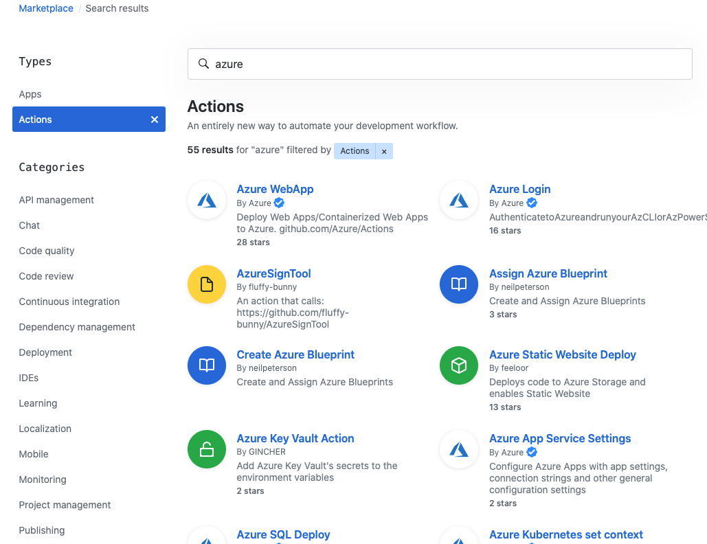 Captura de ecrã do GitHub Marketplace a mostrar os resultados da pesquisa para o Azure.