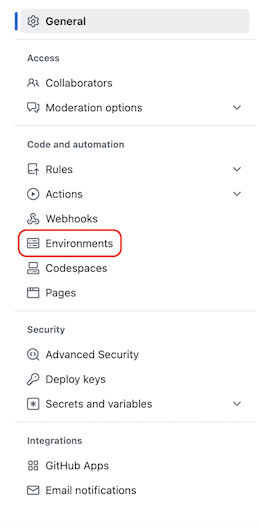Captura de ecrã do menu Definições em Geral com secções para Acesso, Código e automação, Segurança e Integrações. A opção Ambientes é realçada.